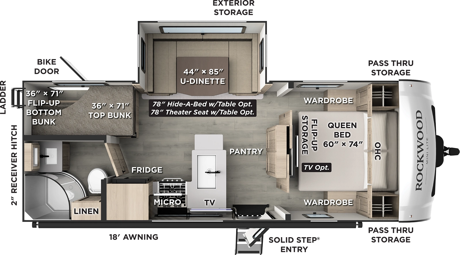 The Rockwood Mini Lite 2520BH floorplan has one entry and one slide out. Exterior features include: fiberglass exterior and 18' awning. Interiors features include: bunk beds, u-dinette and front bedroom.